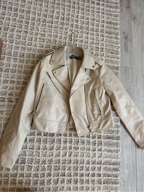 ZARA Beige Faux-Leather Biker Jacket with Gold Hardware